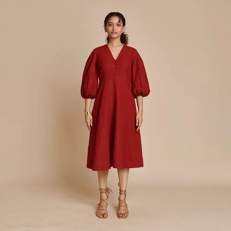 Linen Midi Dress for Women | Red | Puff Sleeves