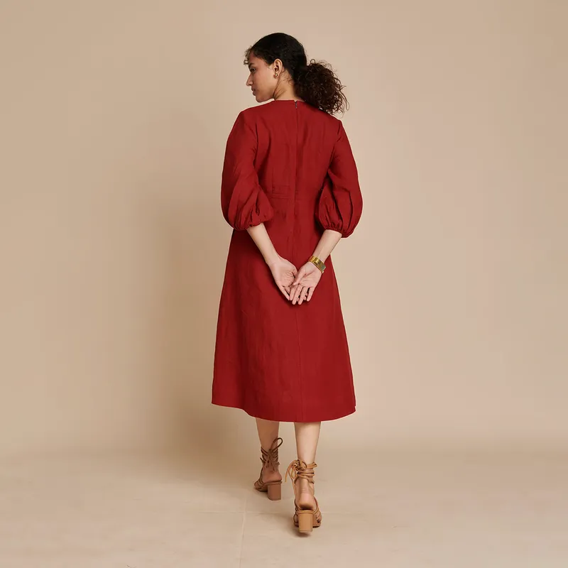 Linen Midi Dress for Women | Red | Puff Sleeves