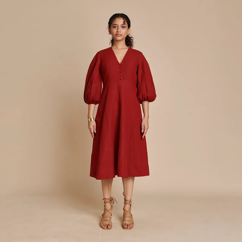 Linen Midi Dress for Women | Red | Puff Sleeves