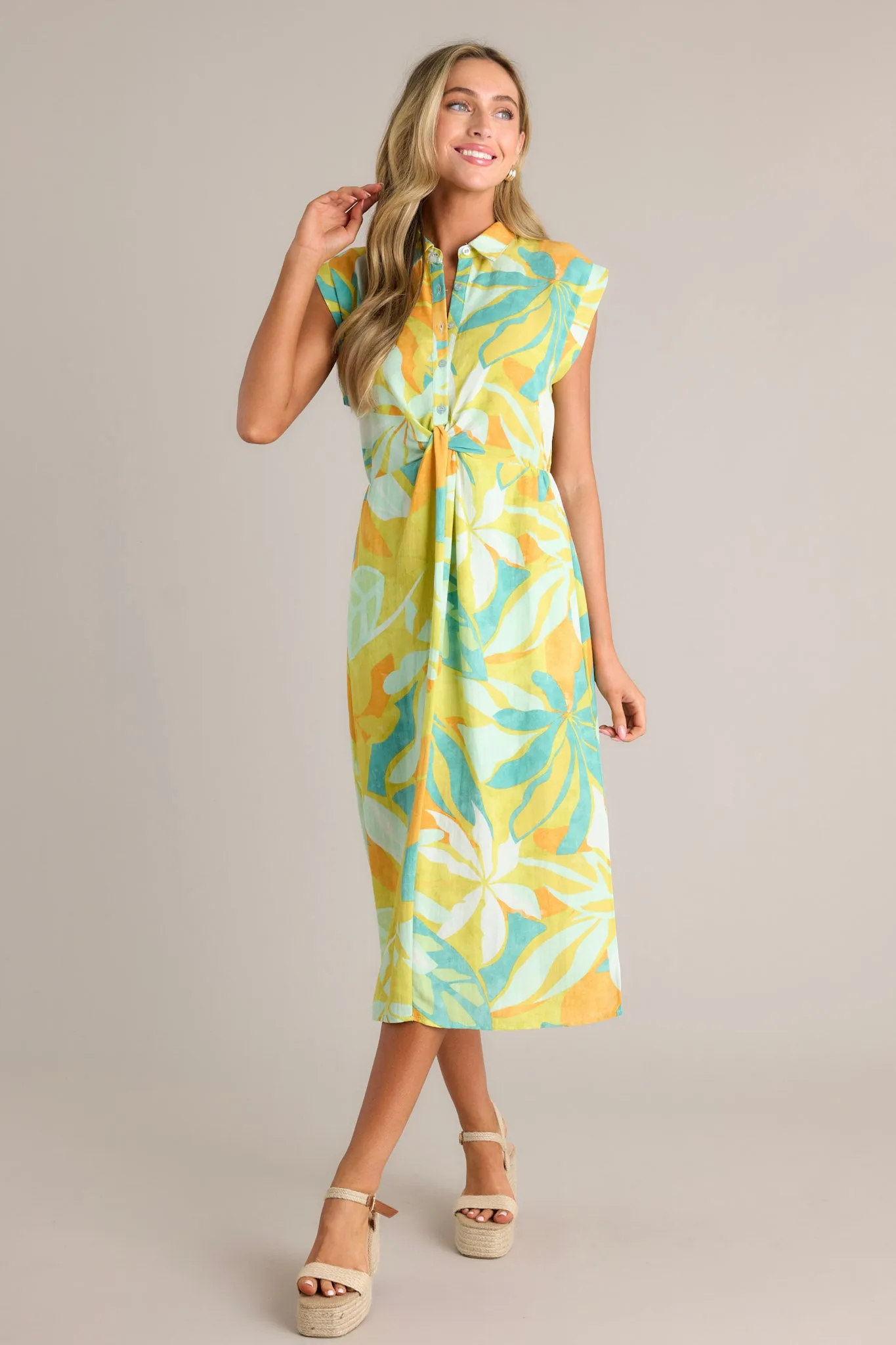 Live Your Best Life Lime Green Tropical Print Midi Dress