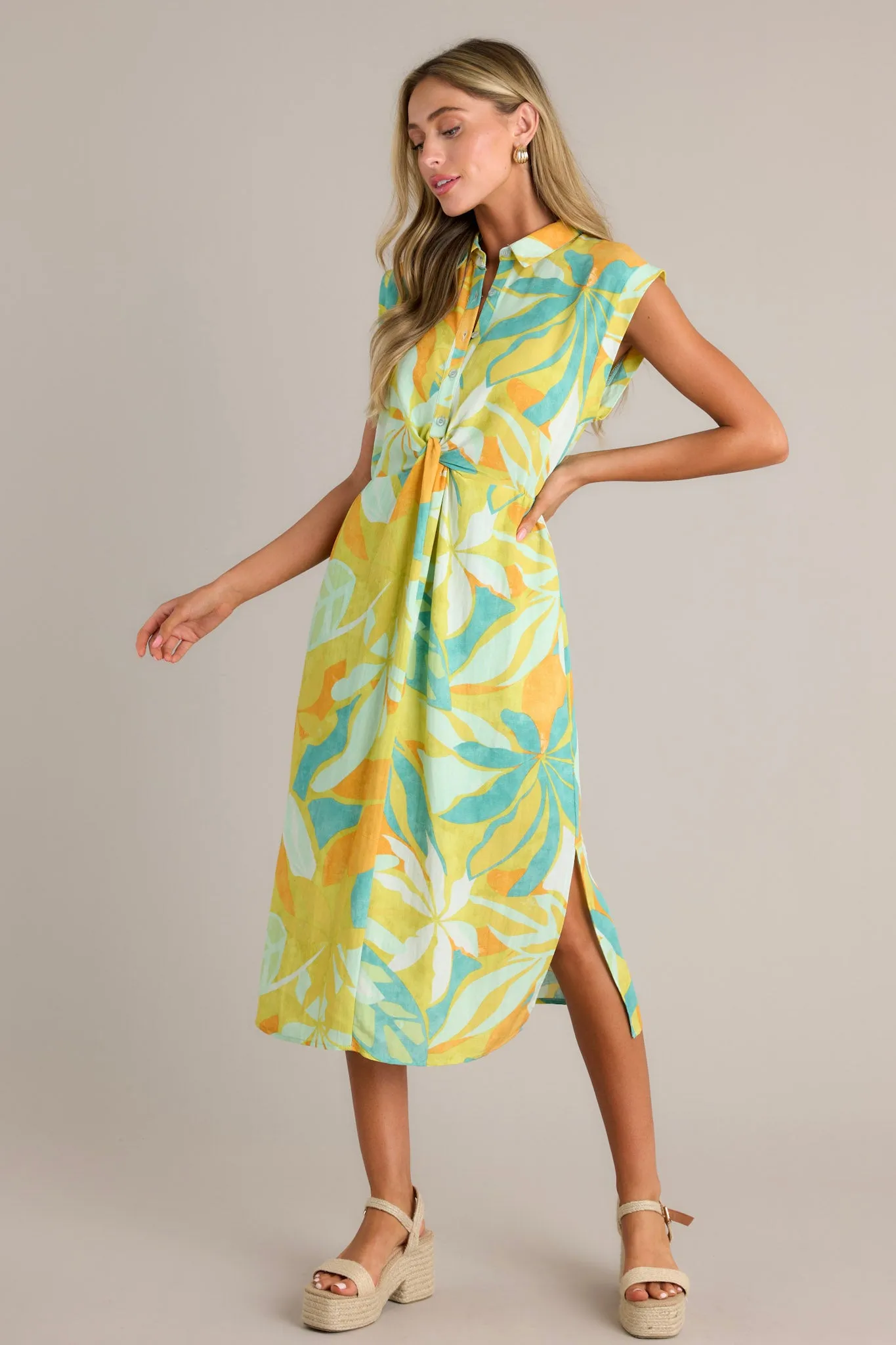 Live Your Best Life Lime Green Tropical Print Midi Dress