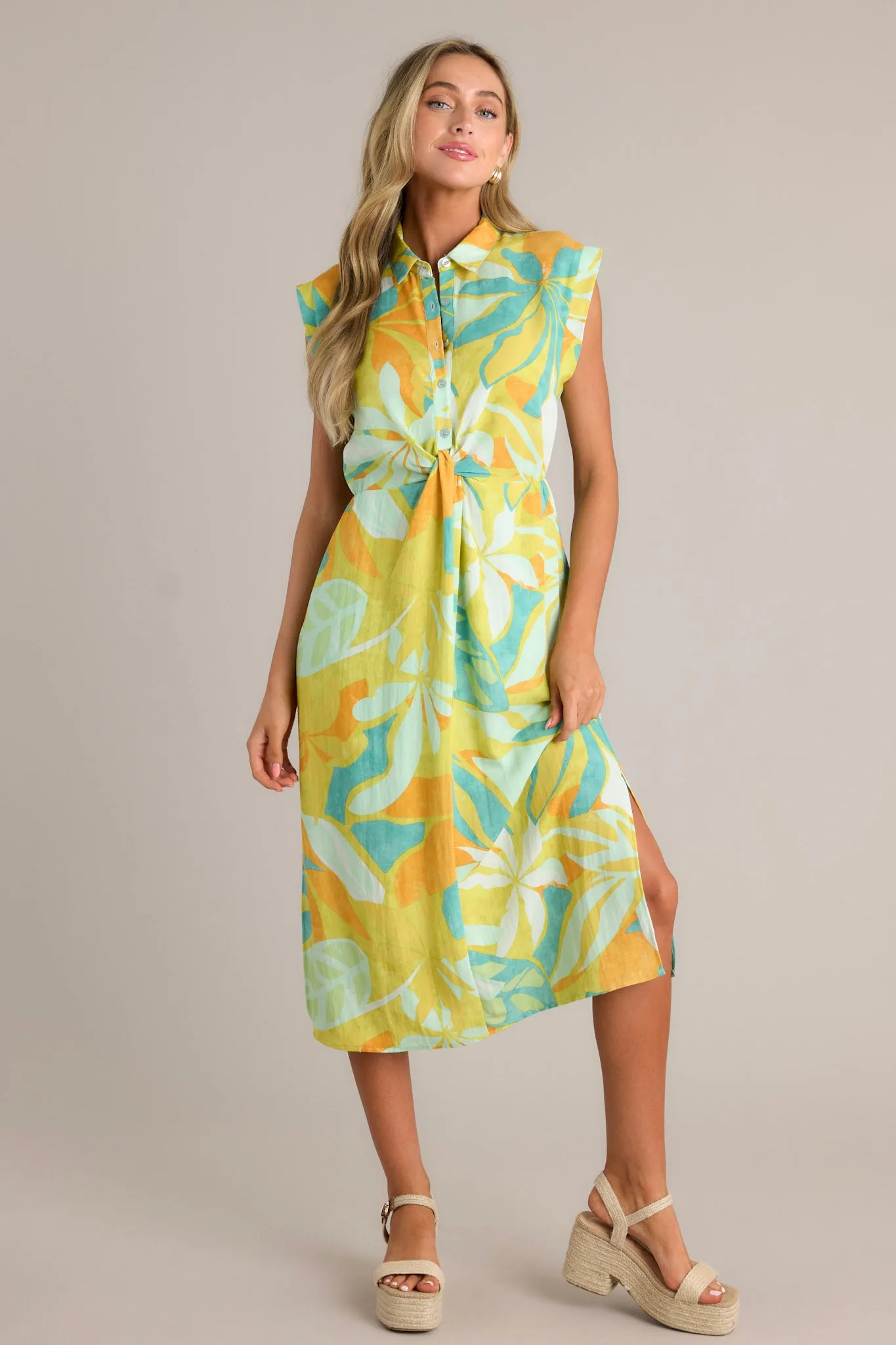 Live Your Best Life Lime Green Tropical Print Midi Dress