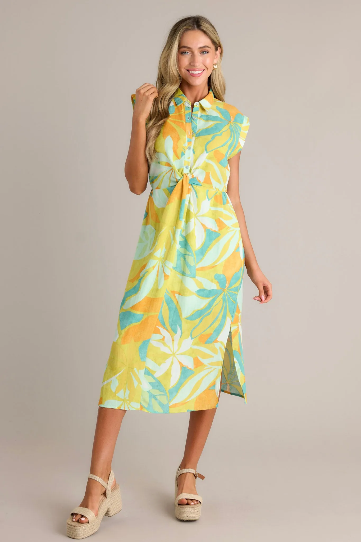 Live Your Best Life Lime Green Tropical Print Midi Dress