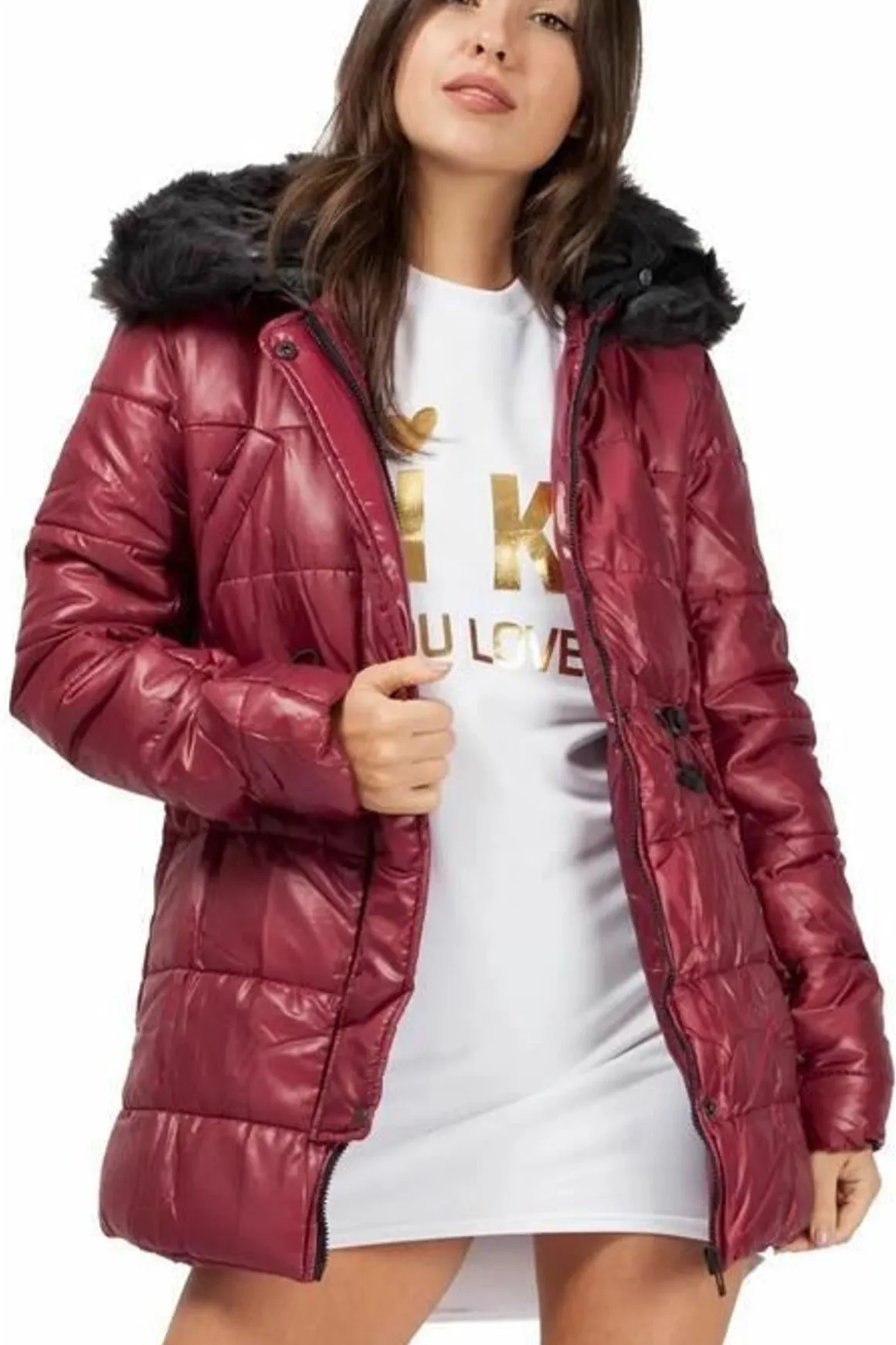 Long Quilted Faux Fur Coat