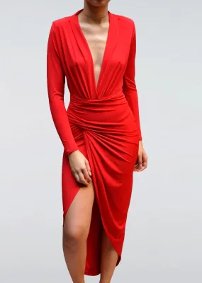 Long Sleeve Wrap Front Maxi Dress in Red