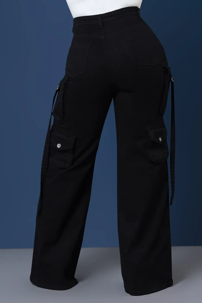 Look Out High Rise Wide Leg Cargo Pants - Black