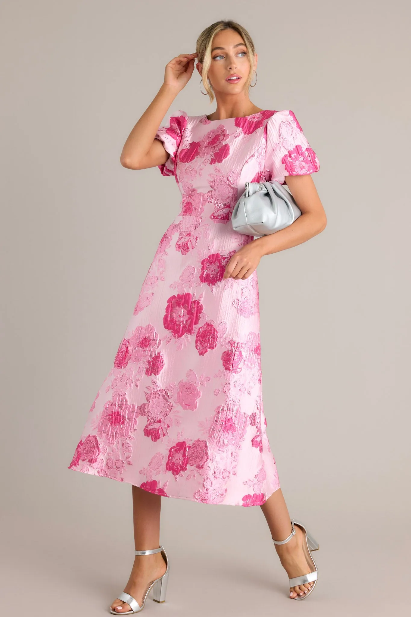 Luxe Living Light Pink Floral Jacquard Midi Dress