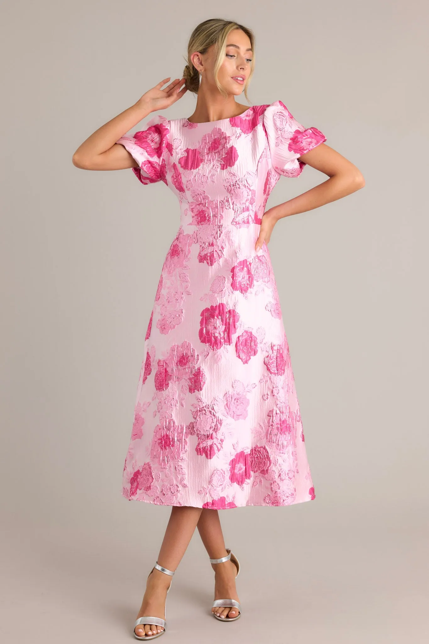 Luxe Living Light Pink Floral Jacquard Midi Dress