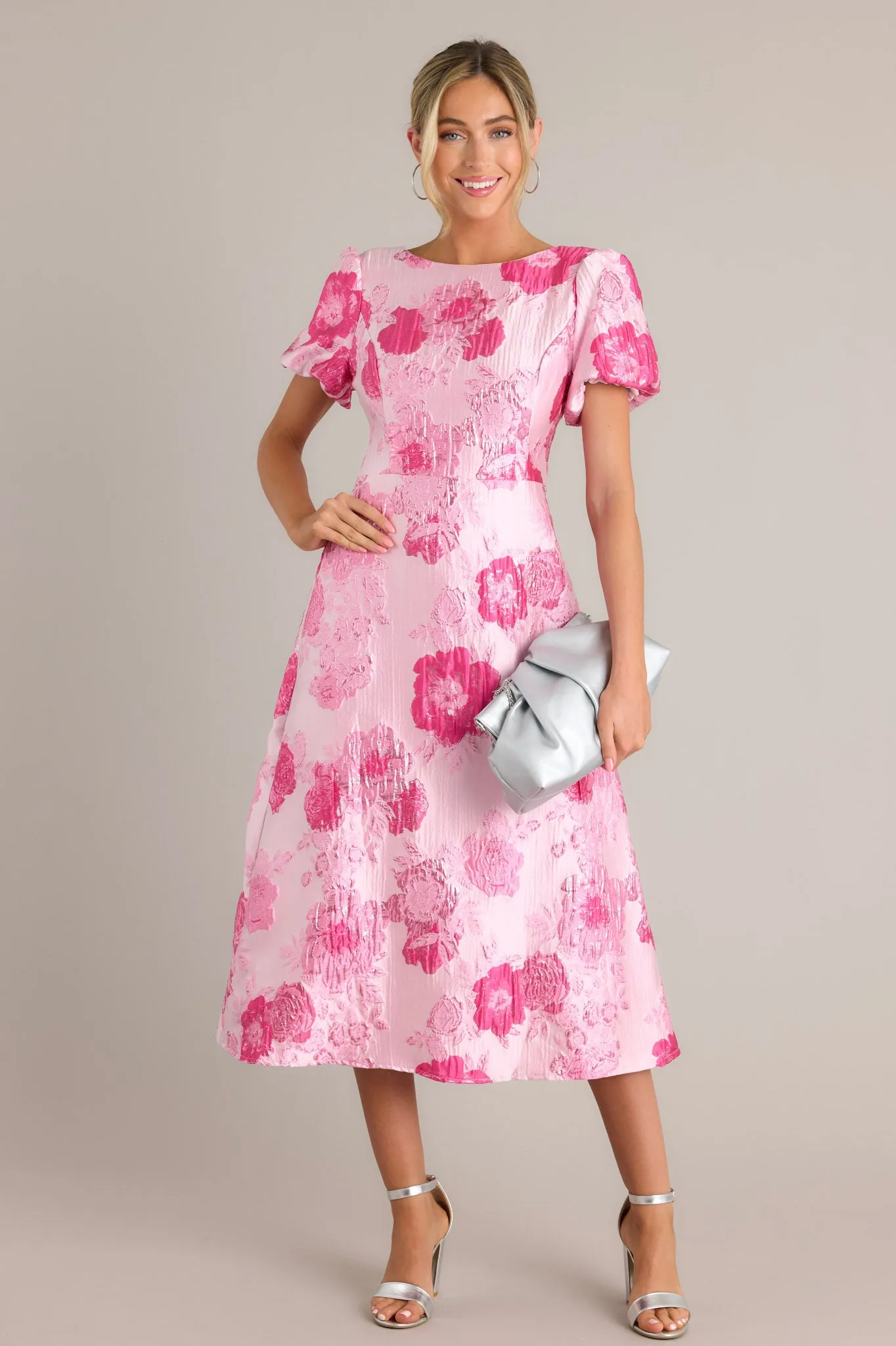 Luxe Living Light Pink Floral Jacquard Midi Dress