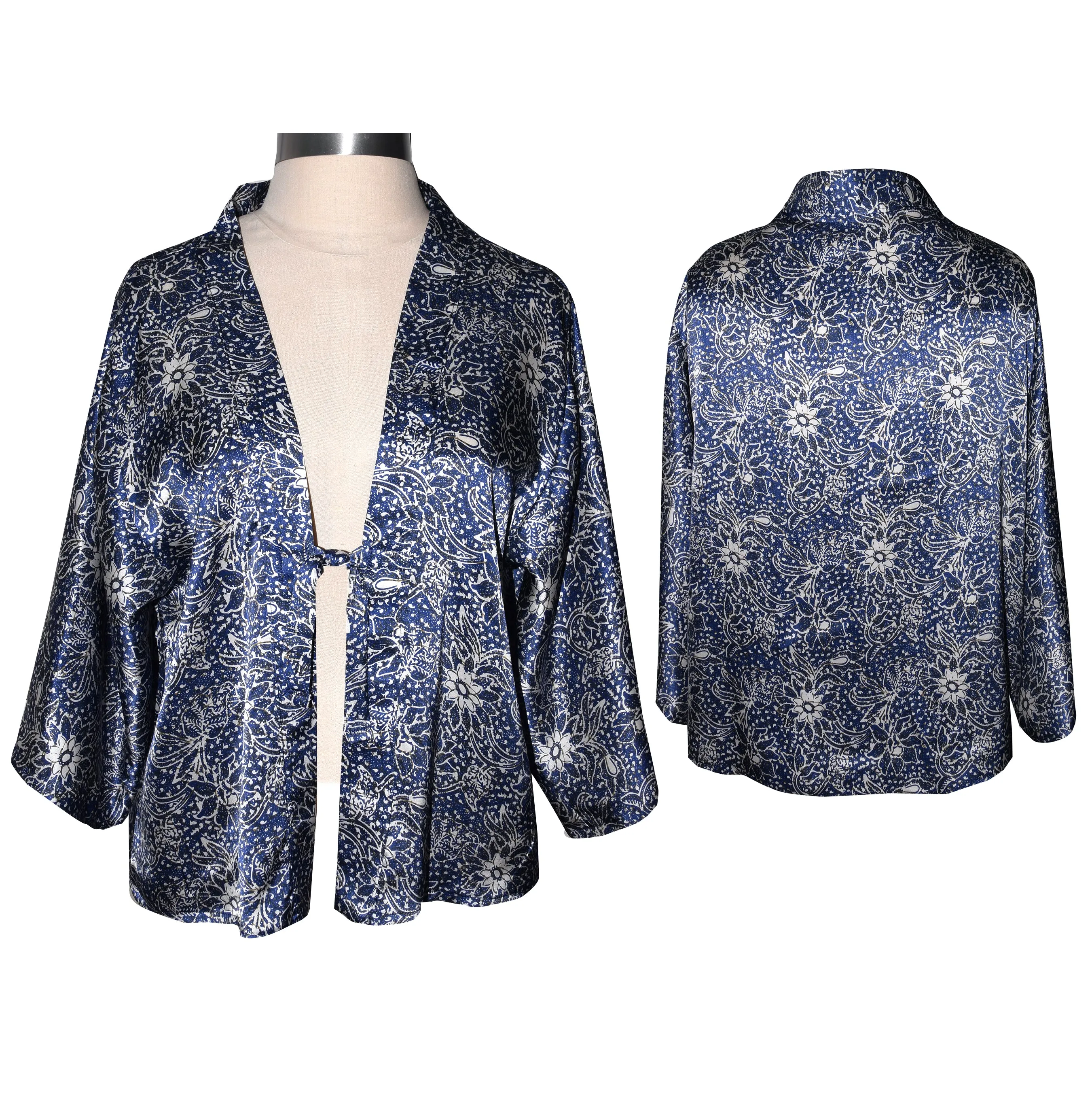 Luxurious One of a Kind Blue Print Silk Charmeuse Kimono Jacket