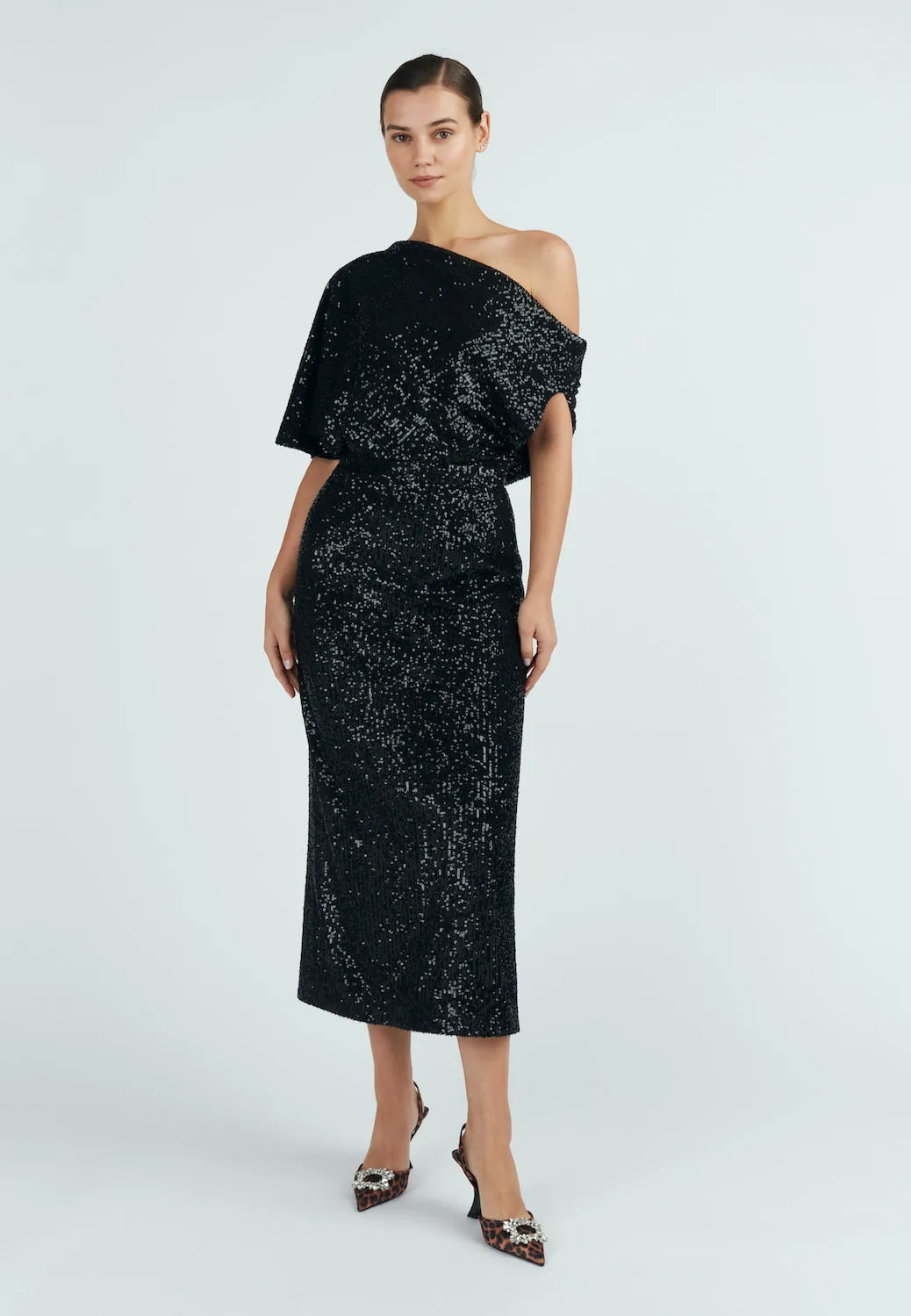 MARGO black sequin asymmetric cocktail dress