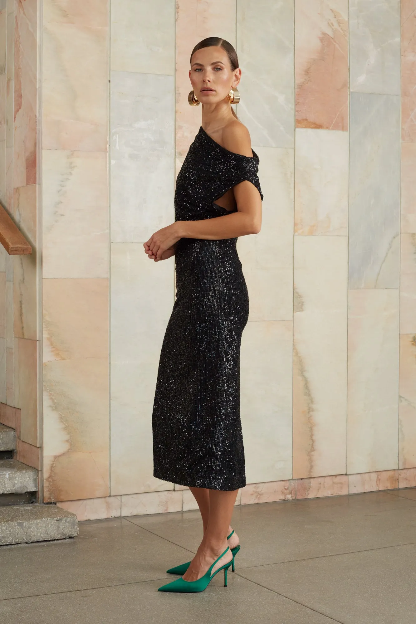 MARGO black sequin asymmetric cocktail dress