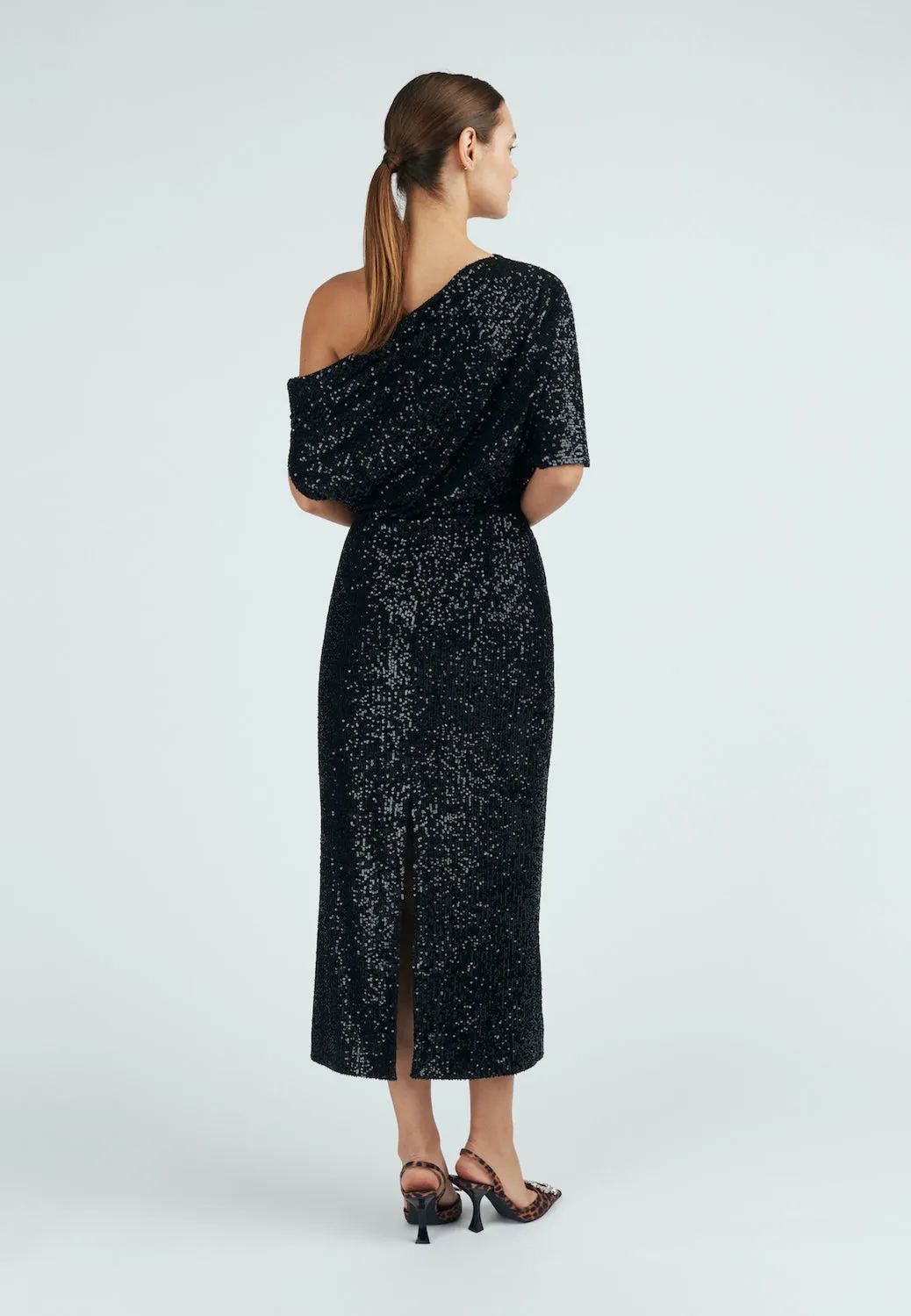 MARGO black sequin asymmetric cocktail dress