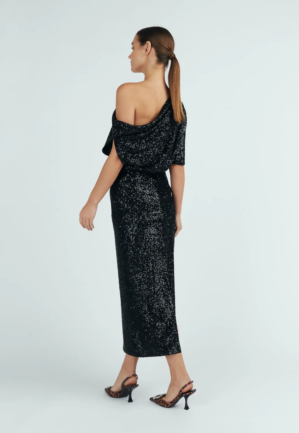 MARGO black sequin asymmetric cocktail dress