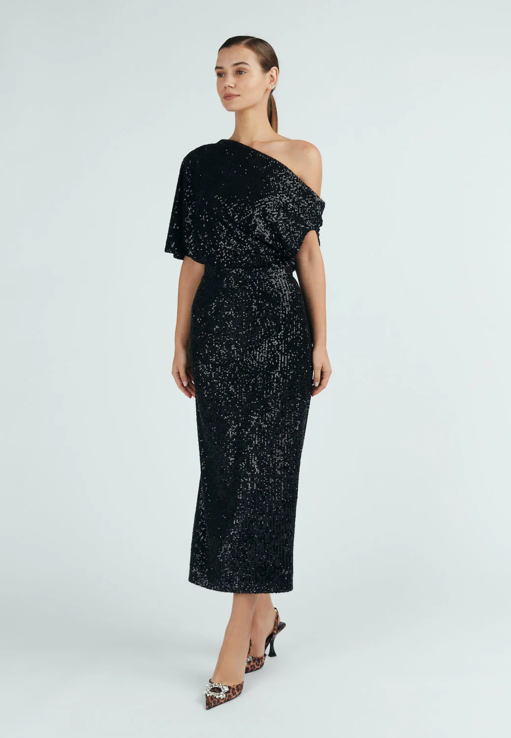 MARGO black sequin asymmetric cocktail dress