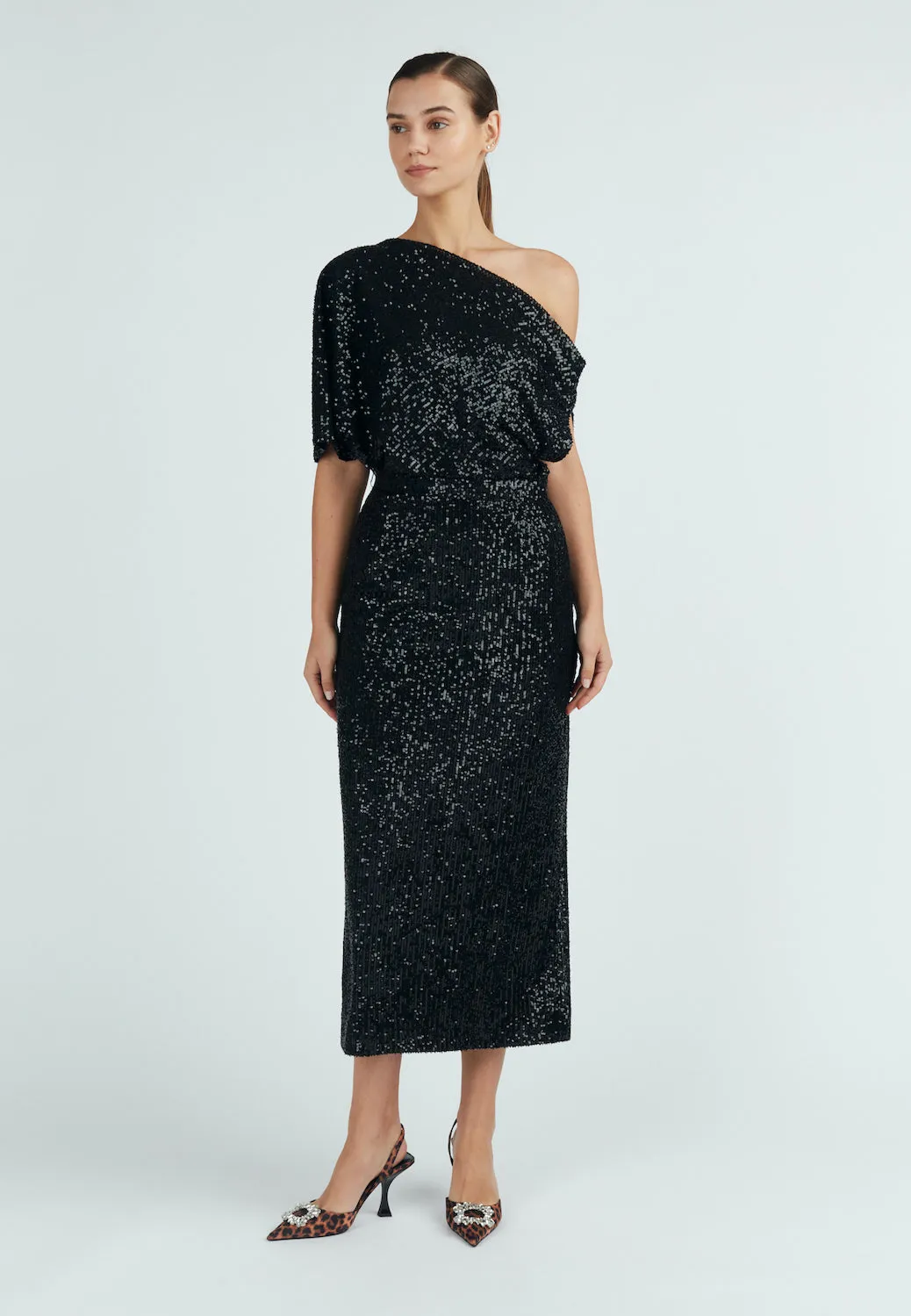 MARGO black sequin asymmetric cocktail dress