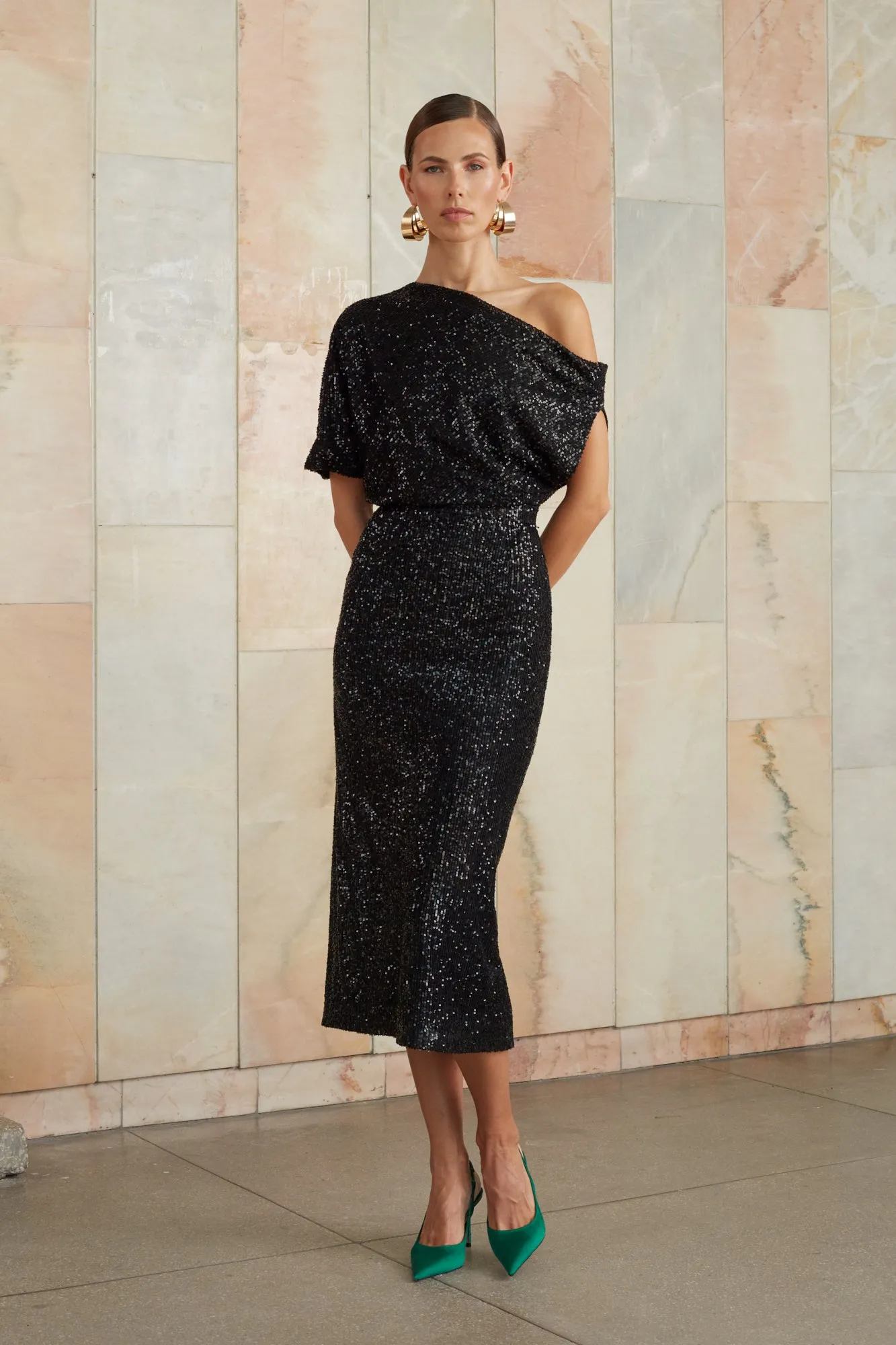 MARGO black sequin asymmetric cocktail dress