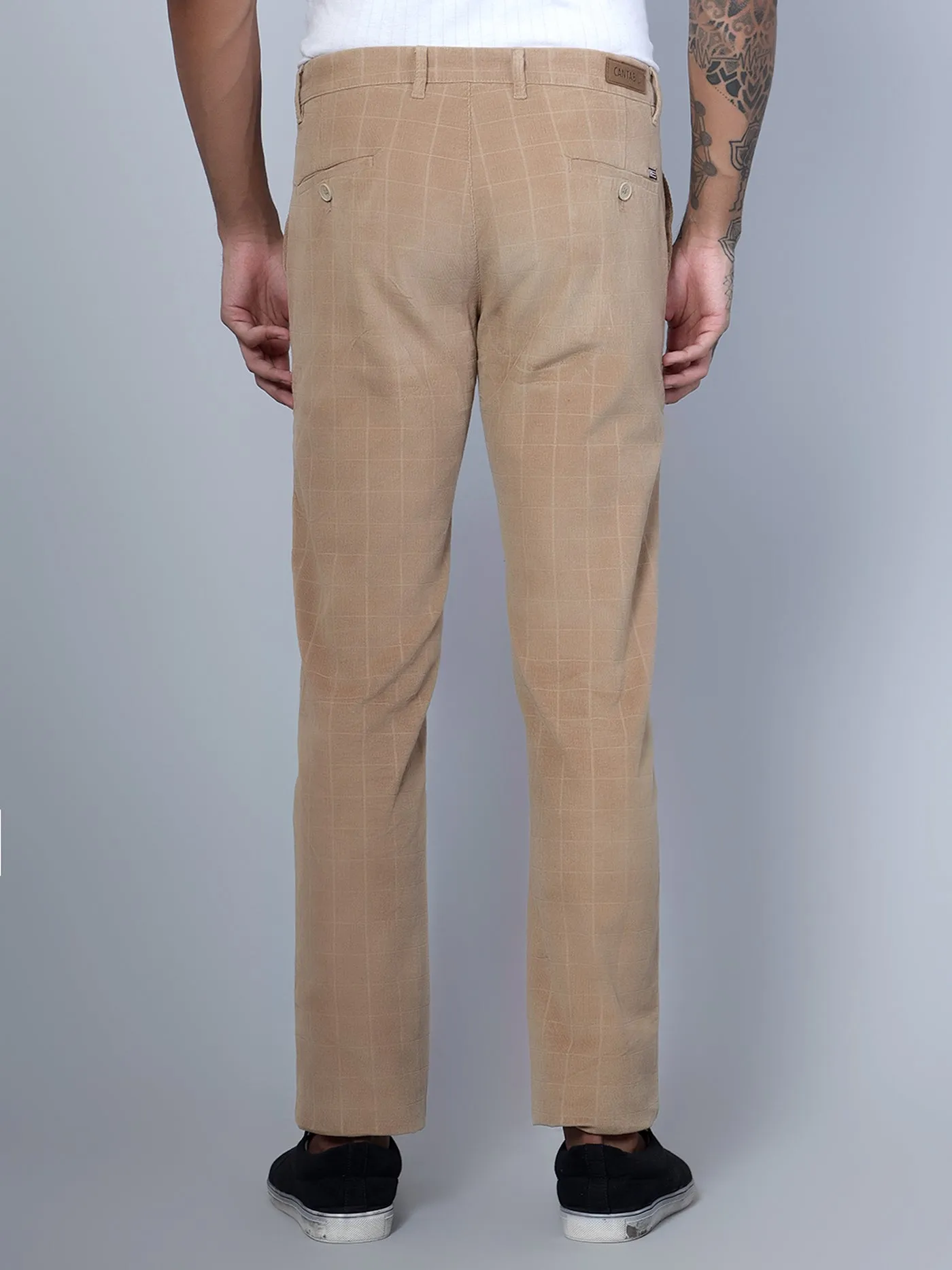 Men's Casual Flat front Khaki Corduroy Checks Trousers