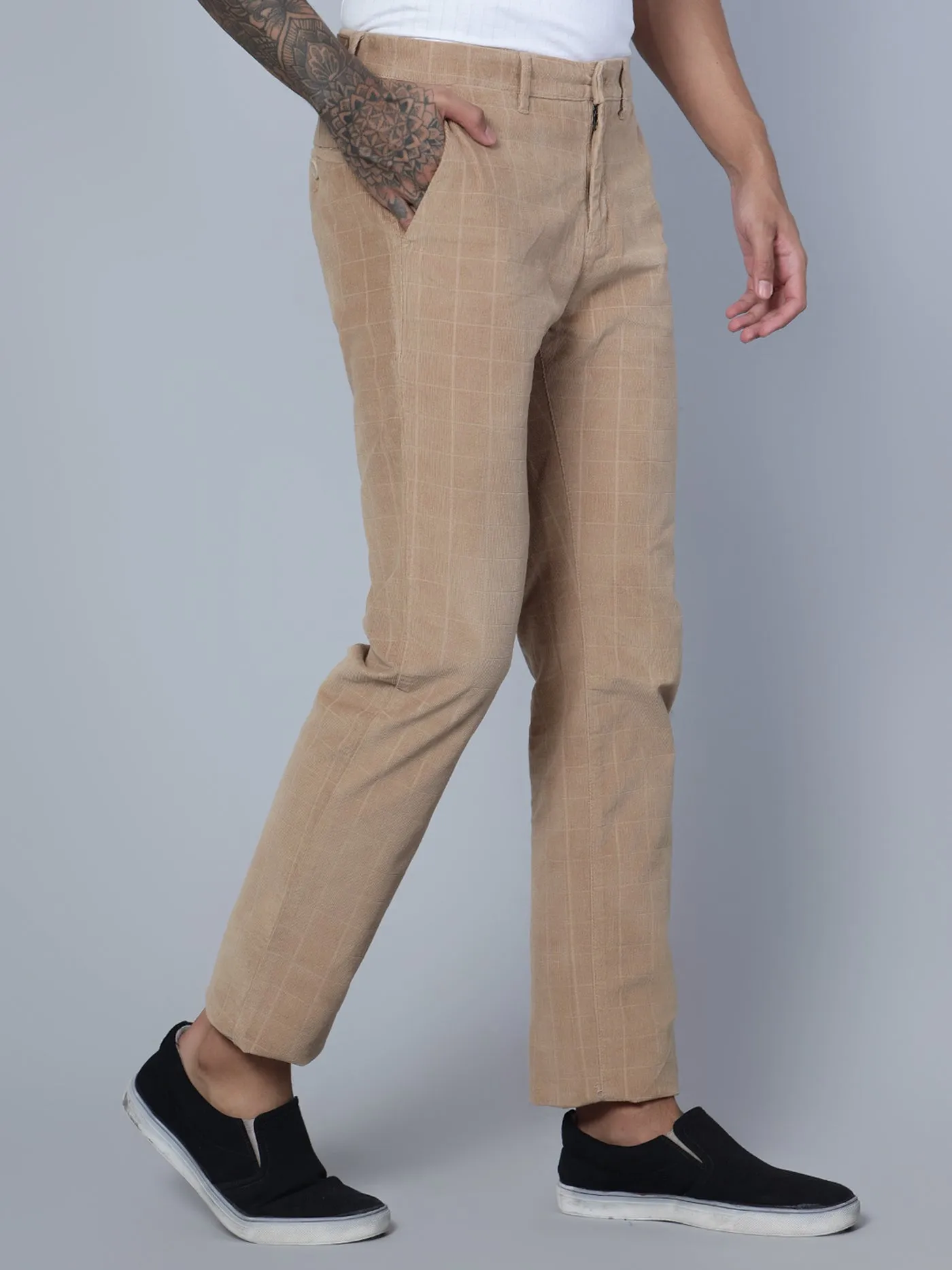 Men's Casual Flat front Khaki Corduroy Checks Trousers