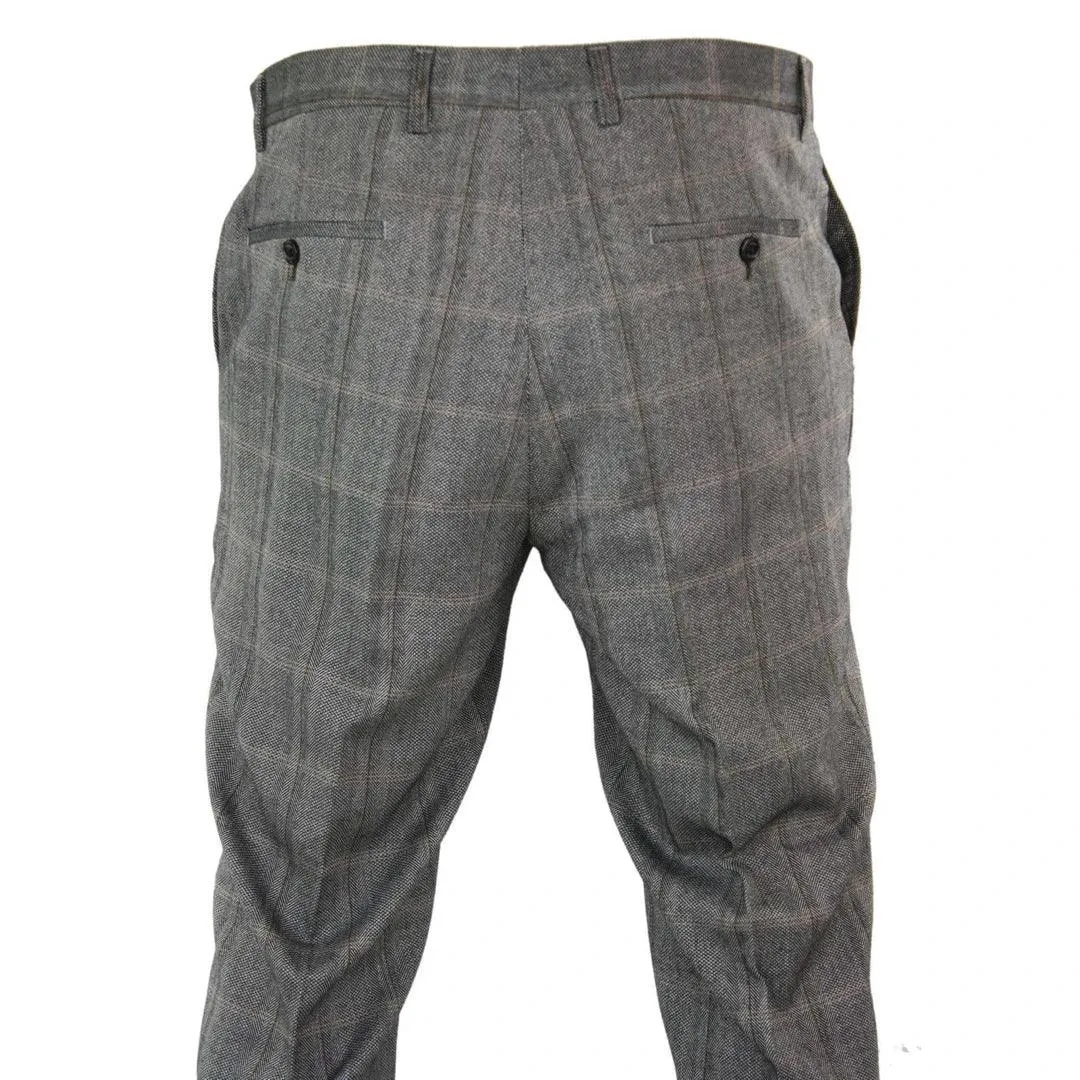 Mens Herringbone Tweed Check Blinders Trousers Wool Vintage Classic Retro