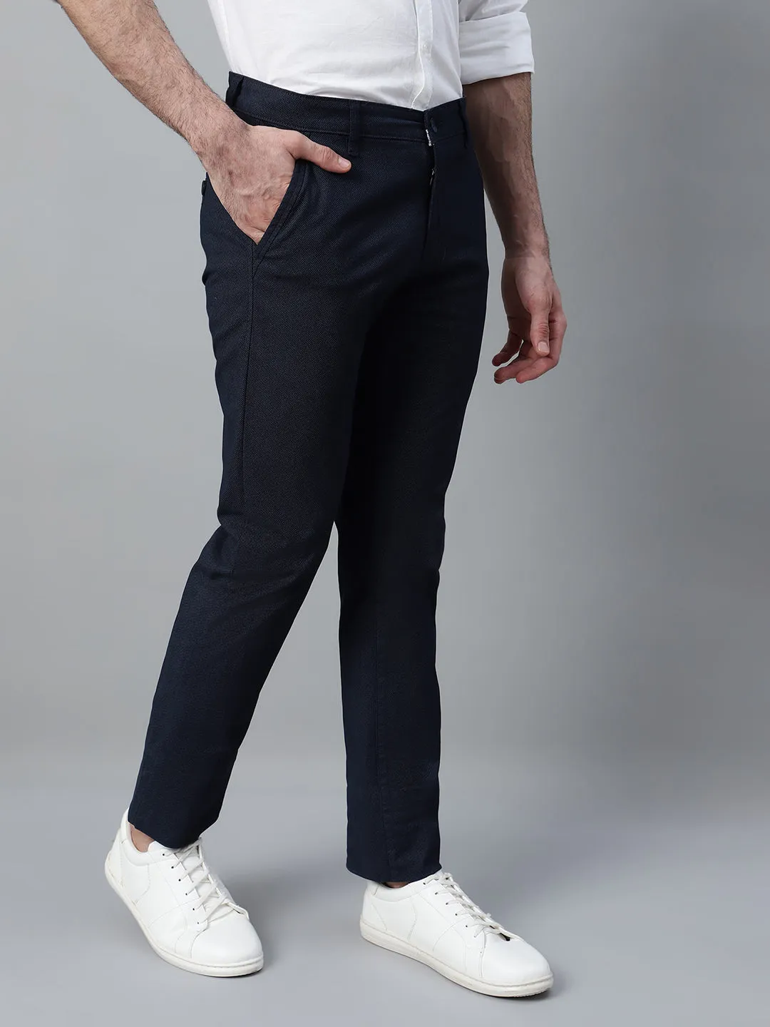 Men's Navy Blue Self Design Non-Pleated Casual Trouser