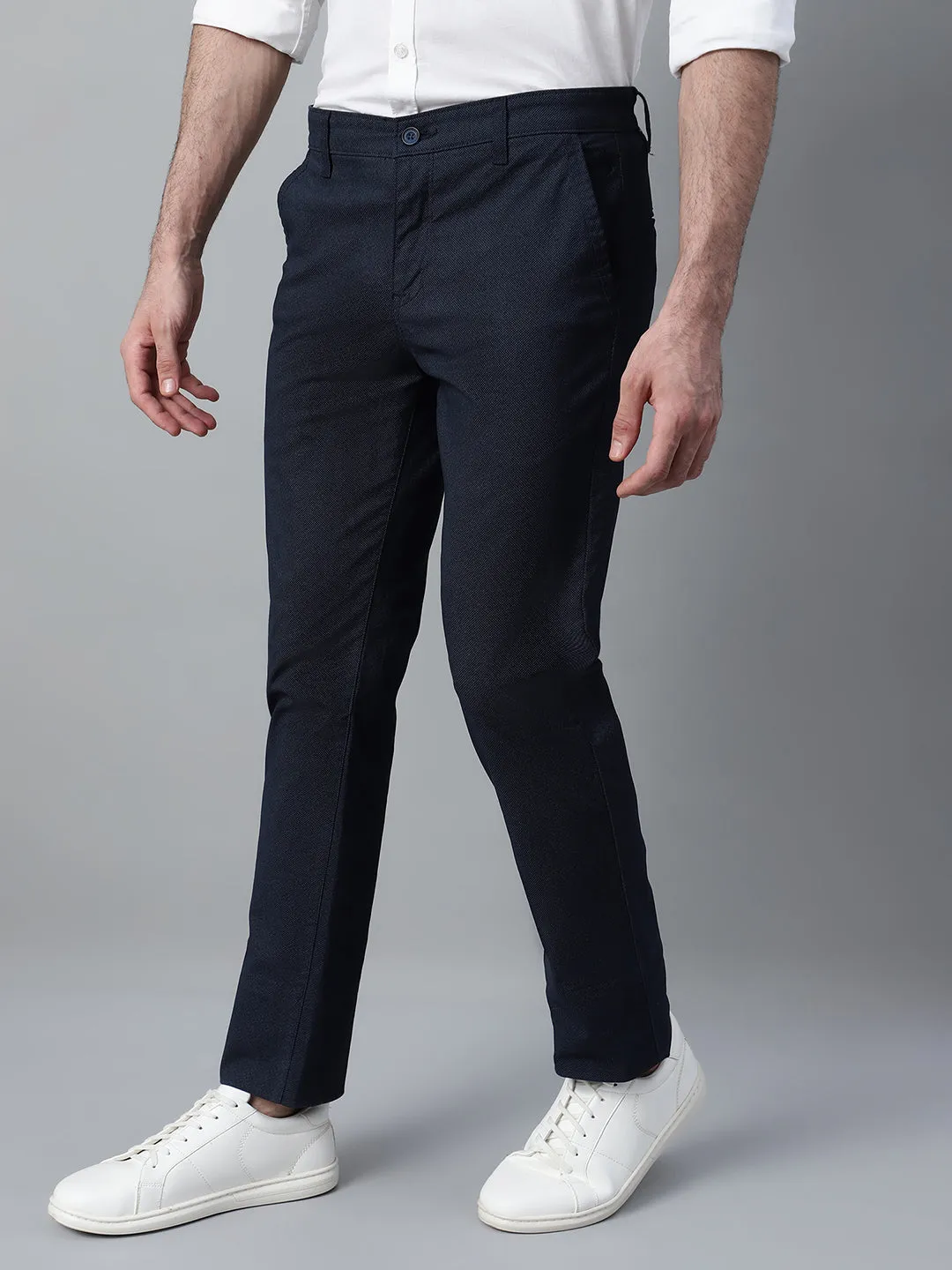 Men's Navy Blue Self Design Non-Pleated Casual Trouser