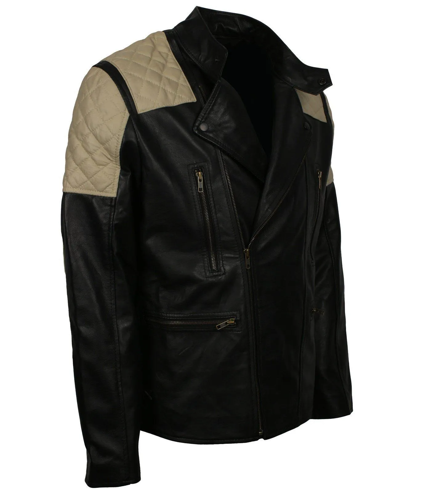 Men's Vintage Quilted Patches Leather Biker Jacket