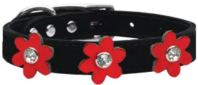 Metallic Flower Leather Collar Black With Metallic Red Flowers Size 12