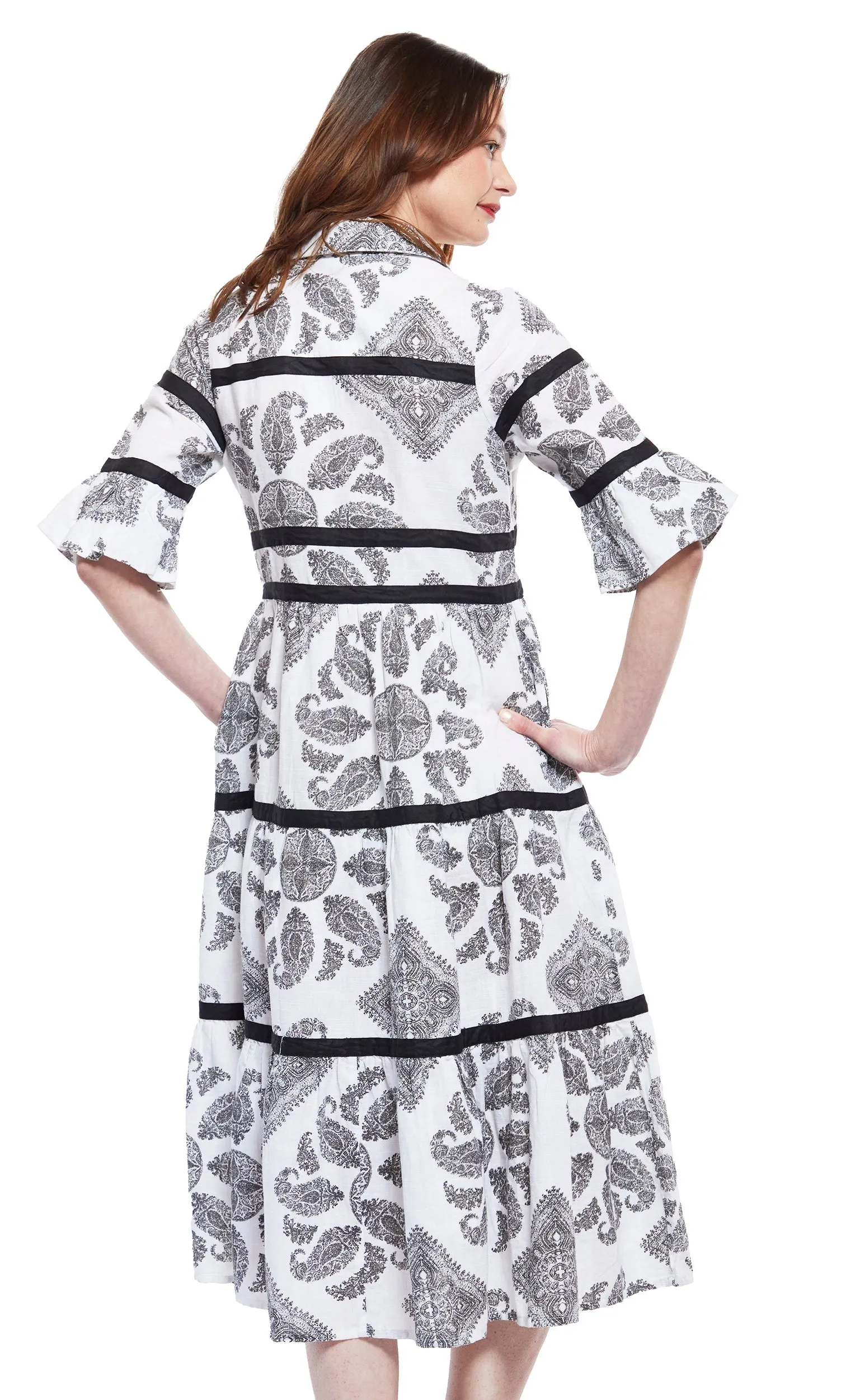 Miami Style Midi with Flounce And Black Ribbons Black White Paisley