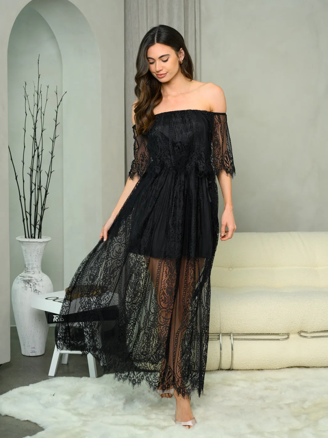 Midnight Lace Off The Shoulder Maxi Dress