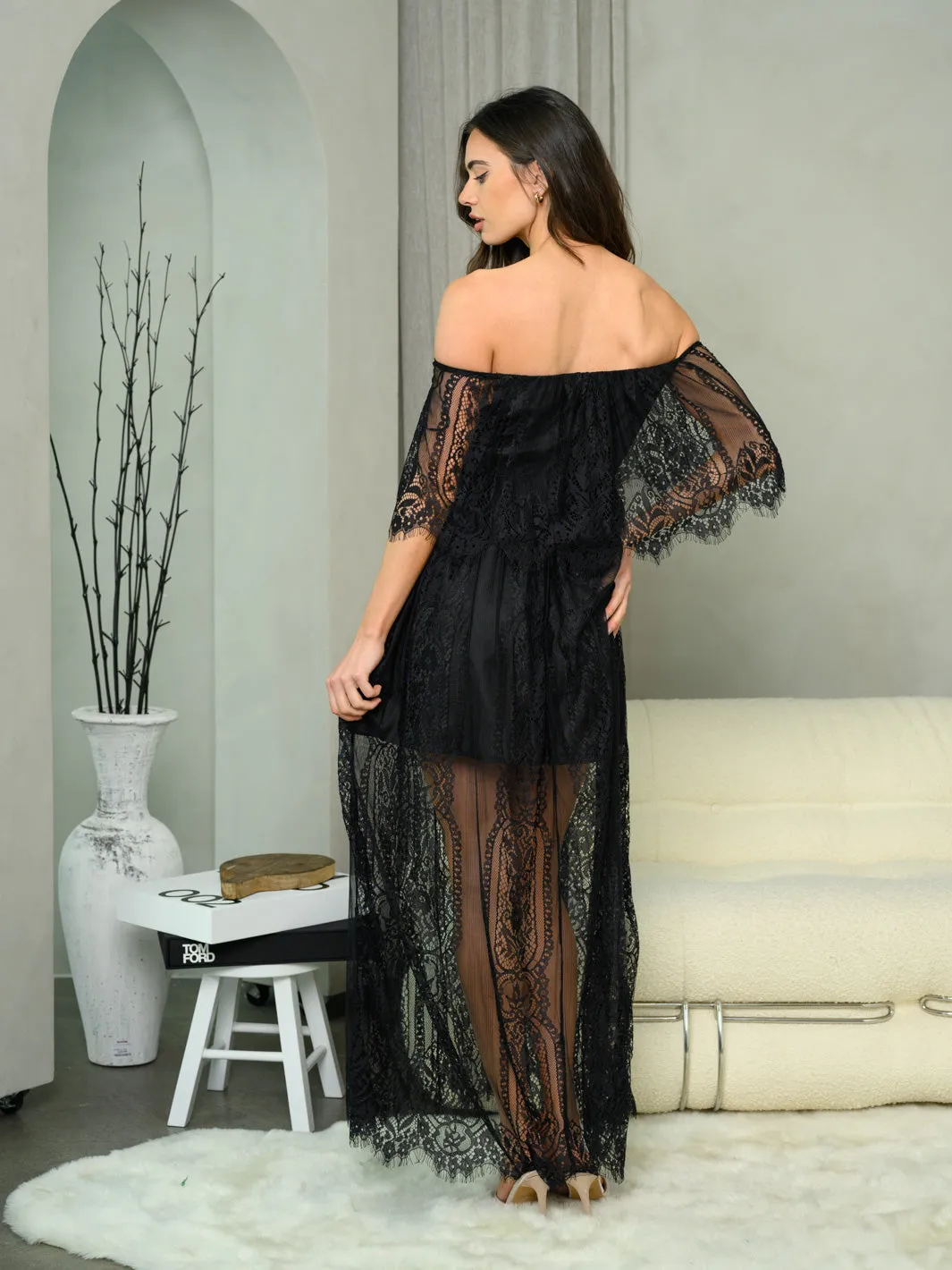 Midnight Lace Off The Shoulder Maxi Dress