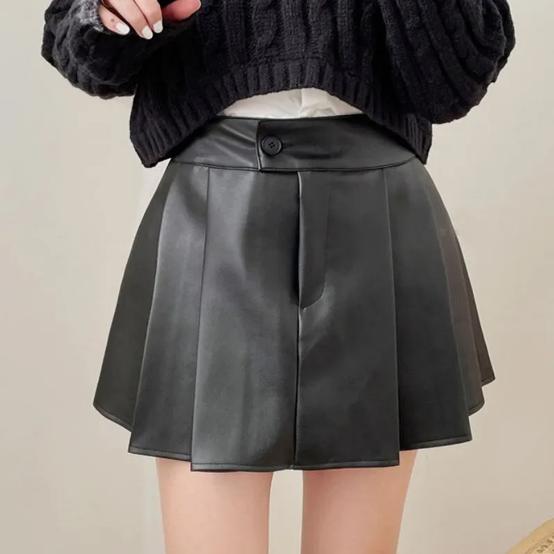 Mini High Waist Pleated Leather Skirt