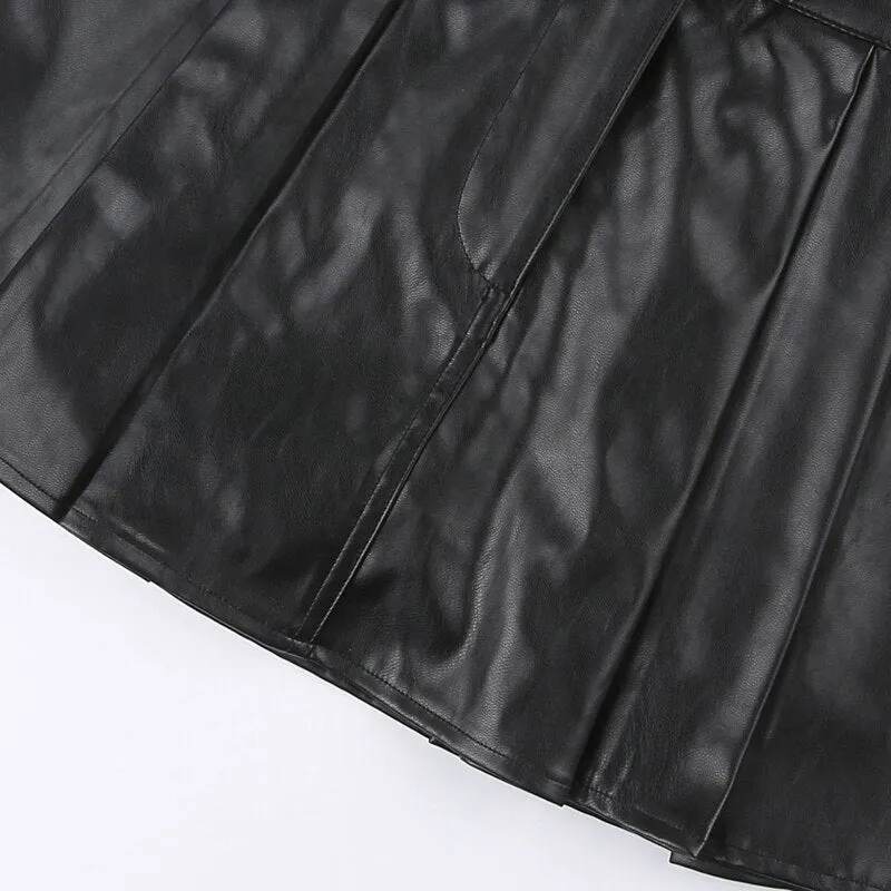 Mini High Waist Pleated Leather Skirt