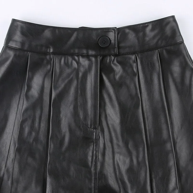 Mini High Waist Pleated Leather Skirt