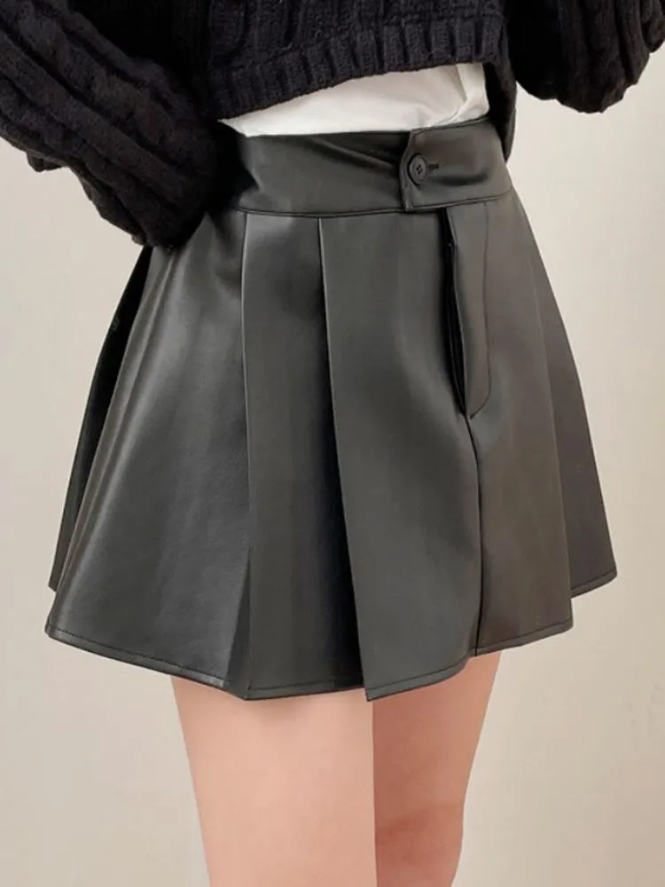 Mini High Waist Pleated Leather Skirt