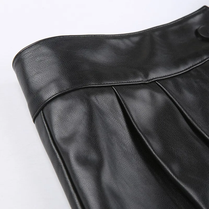 Mini High Waist Pleated Leather Skirt