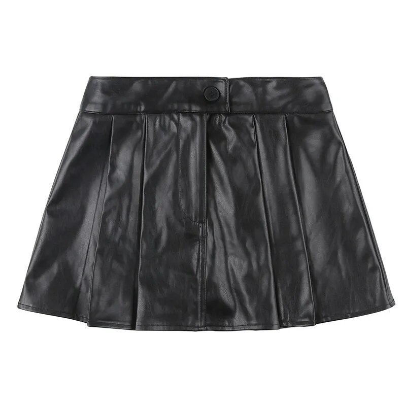 Mini High Waist Pleated Leather Skirt