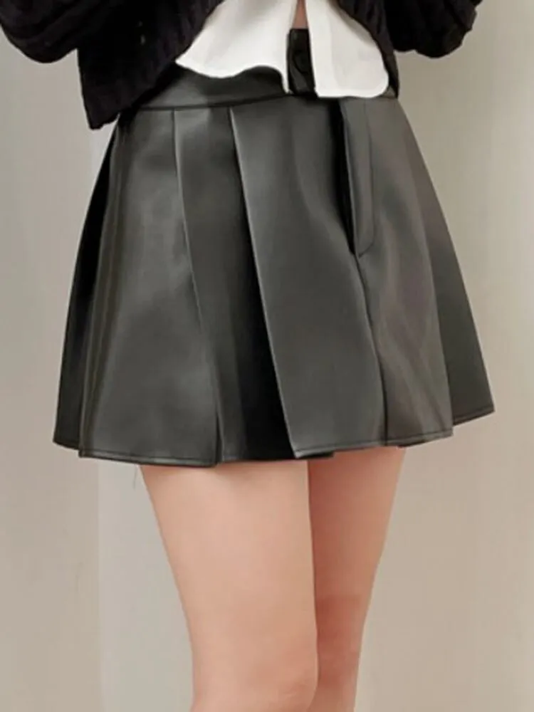 Mini High Waist Pleated Leather Skirt