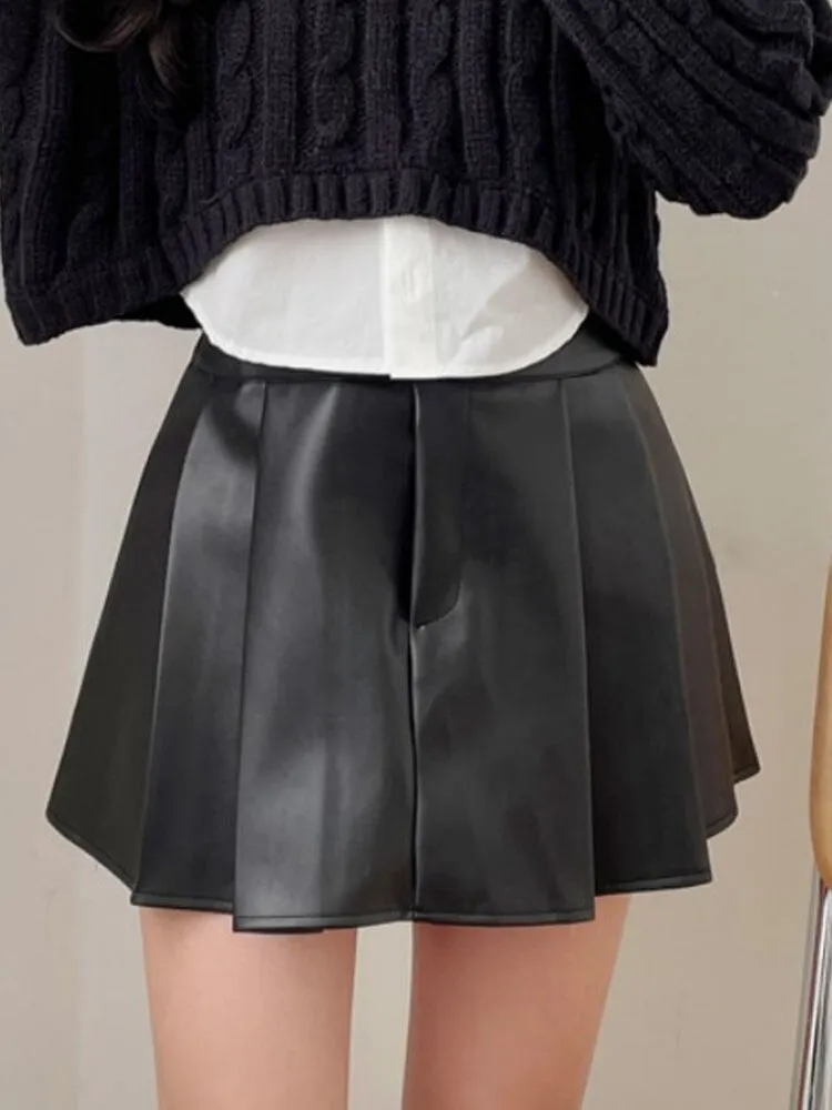 Mini High Waist Pleated Leather Skirt