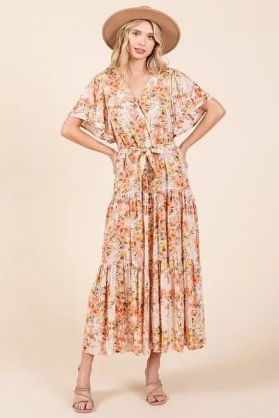 Mittoshop Floral Tie Waist Flutter Sleeve Tiered Dress