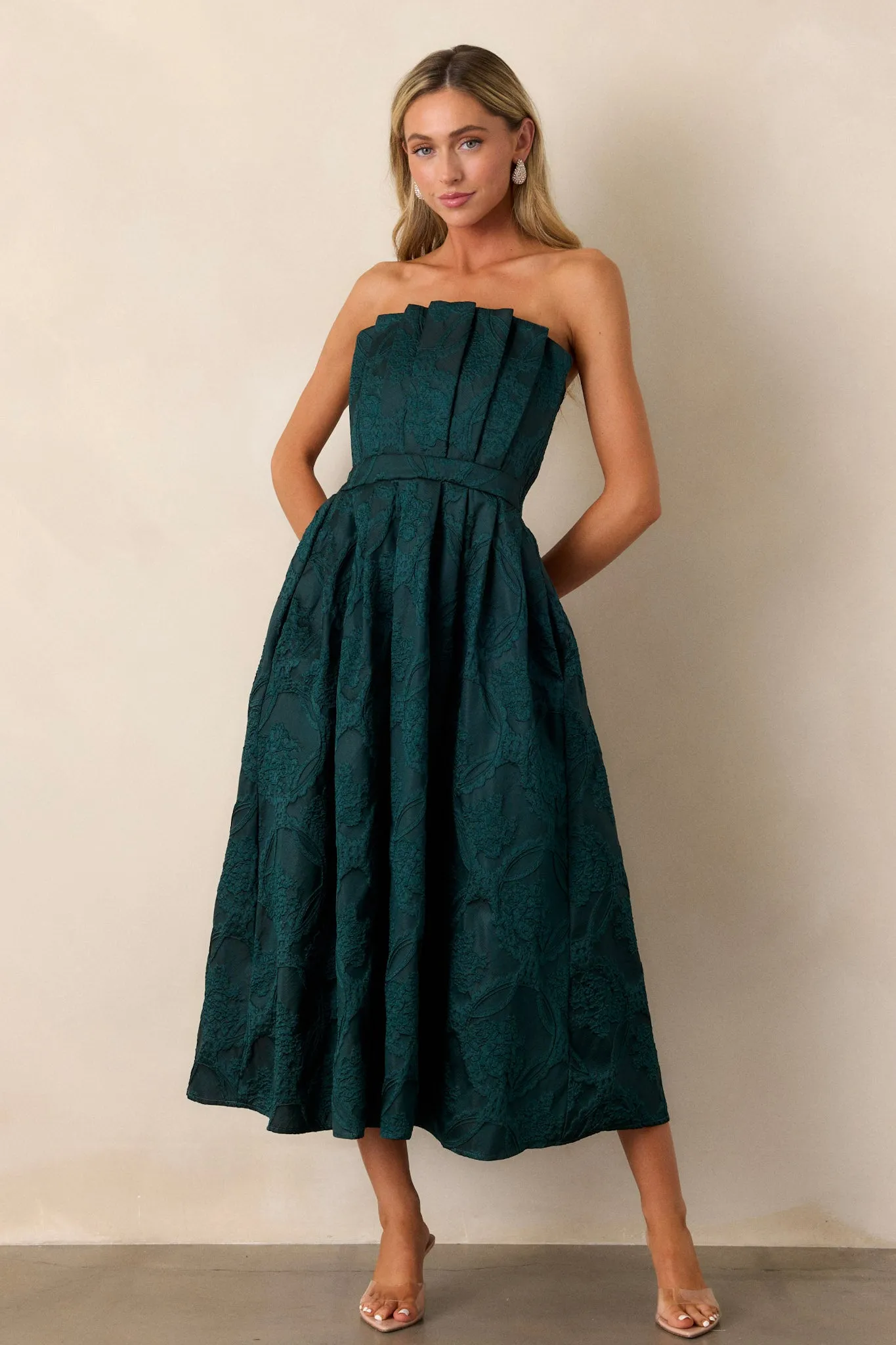 Moonstone Dreams Hunter Green Floral Jacquard Midi Dress