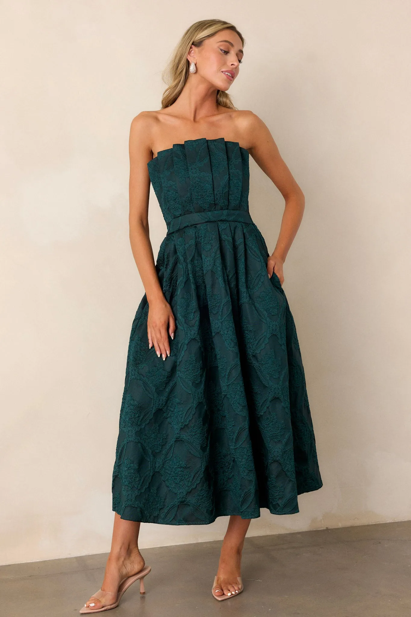 Moonstone Dreams Hunter Green Floral Jacquard Midi Dress