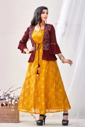 Mustard Yellow with Maroon Overcoat Sequins work Long Kurti