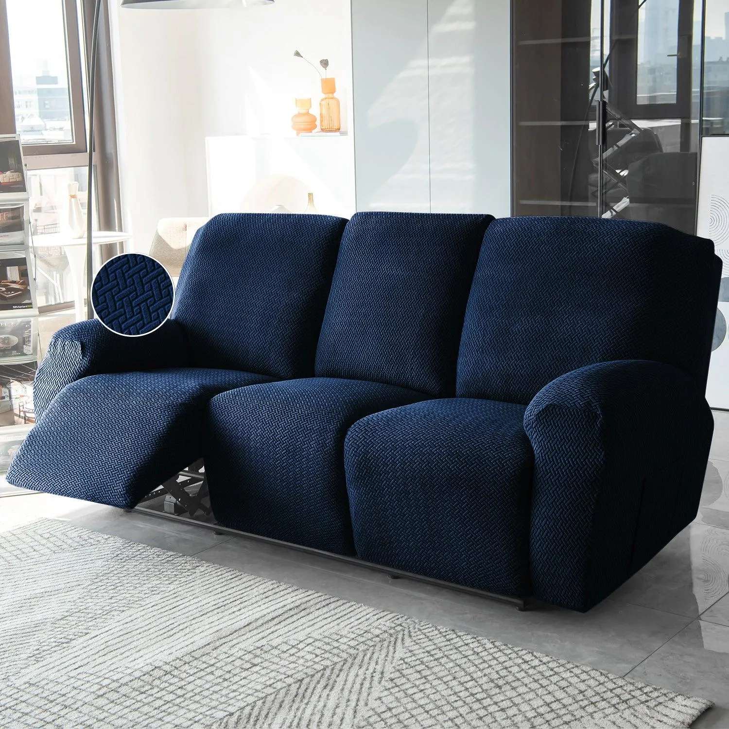 Navy Blue Elastic Jacquard Recliner Sofa Cover | Elastic & Anti-Slip