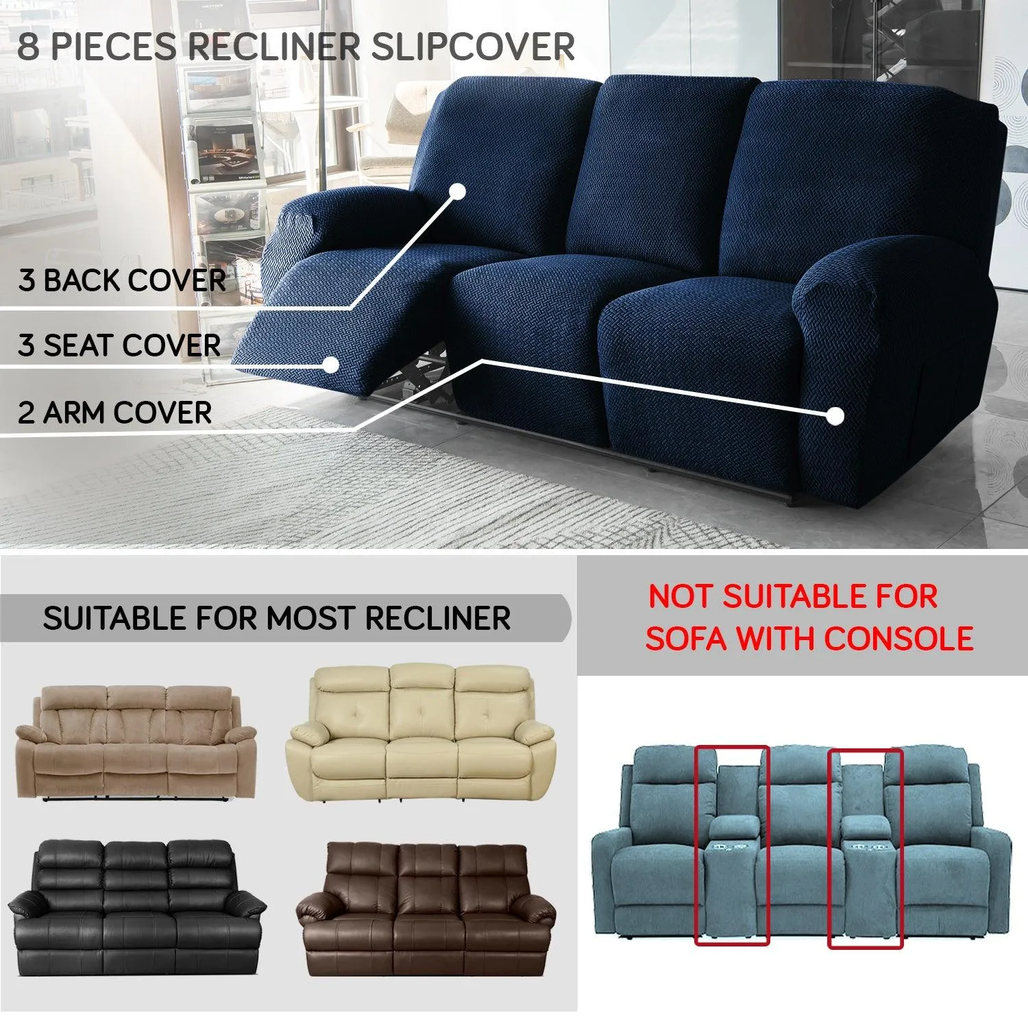 Navy Blue Elastic Jacquard Recliner Sofa Cover | Elastic & Anti-Slip