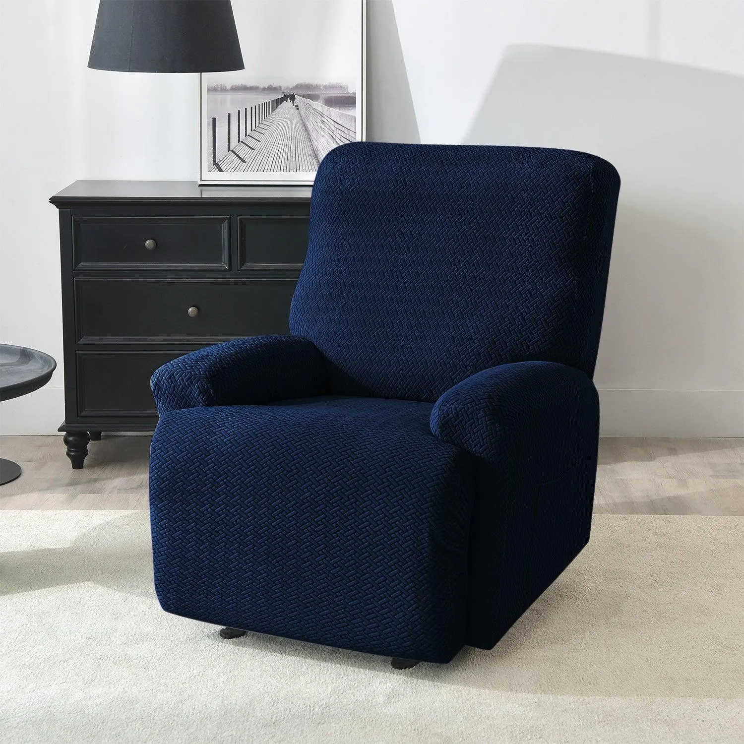 Navy Blue Elastic Jacquard Recliner Sofa Cover | Elastic & Anti-Slip