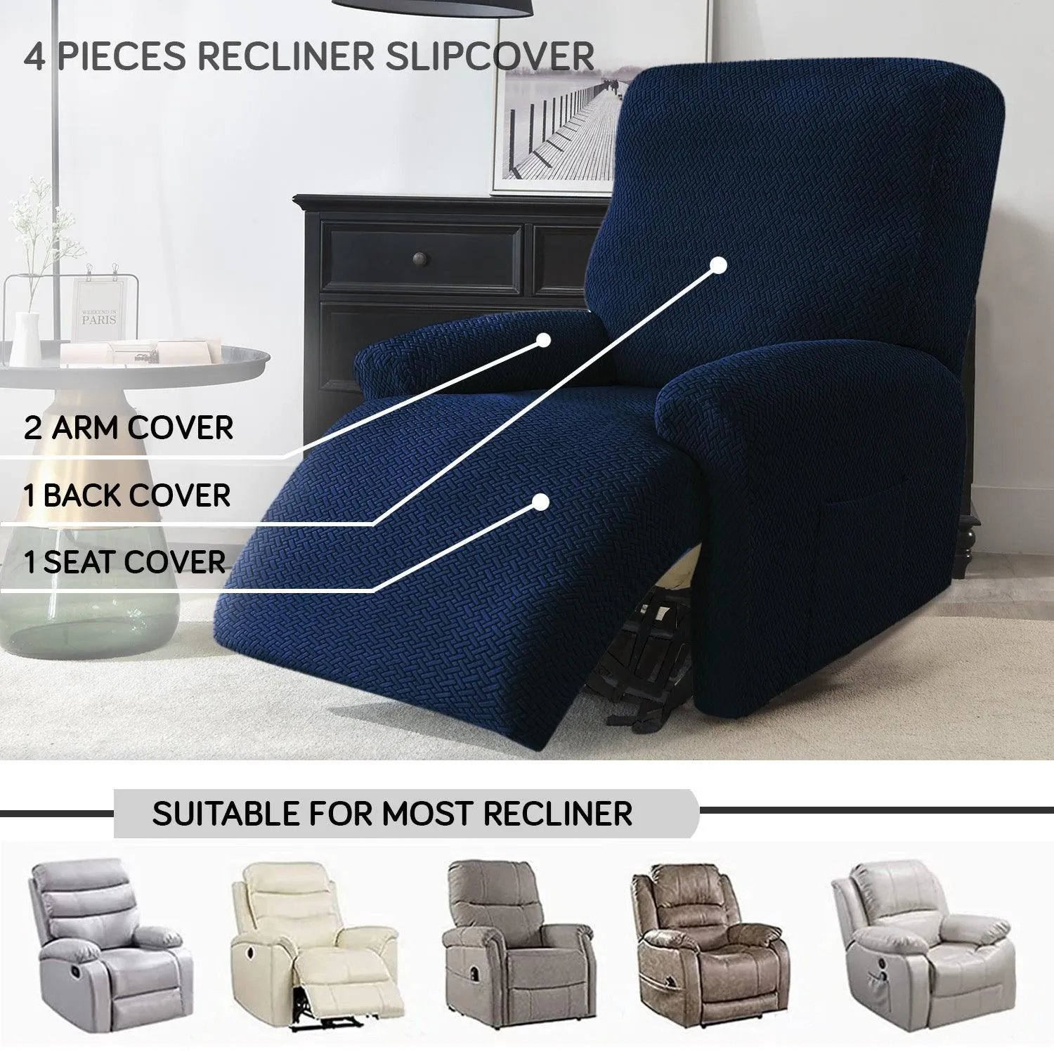 Navy Blue Elastic Jacquard Recliner Sofa Cover | Elastic & Anti-Slip