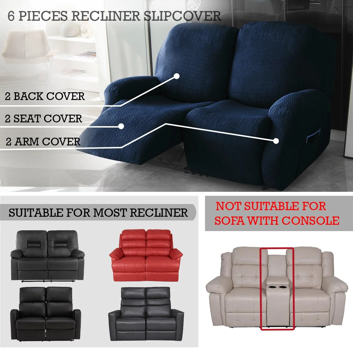 Navy Blue Elastic Jacquard Recliner Sofa Cover | Elastic & Anti-Slip