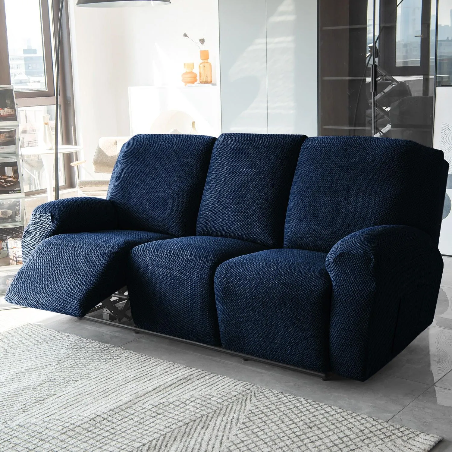 Navy Blue Elastic Jacquard Recliner Sofa Cover | Elastic & Anti-Slip