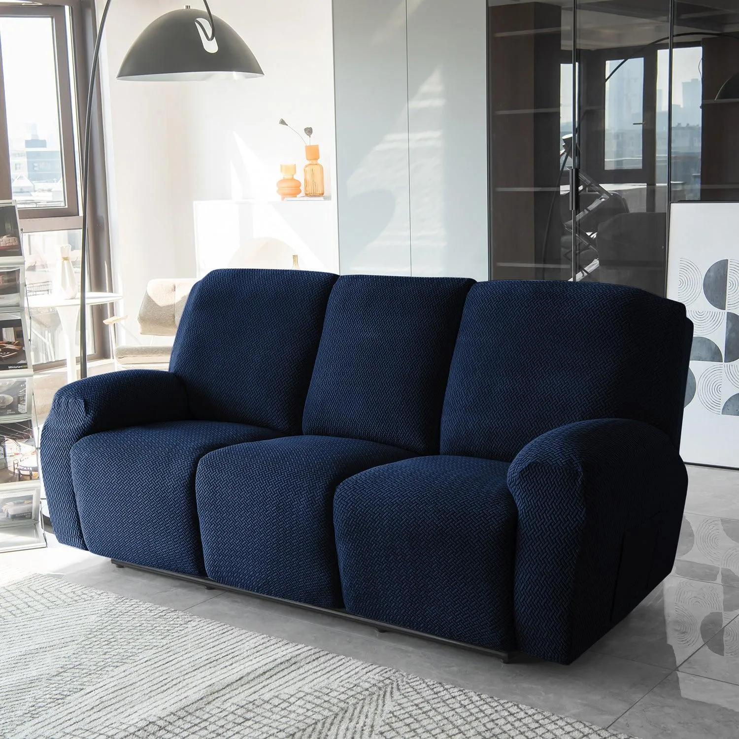 Navy Blue Elastic Jacquard Recliner Sofa Cover | Elastic & Anti-Slip